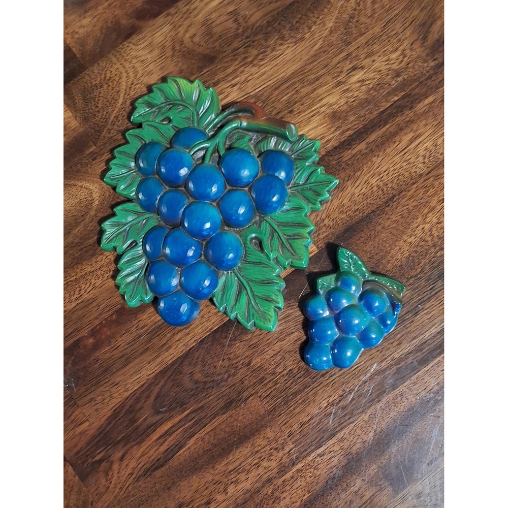 Vintage 1967 Miller Studio Blue Grapes Chalkware Wall Plaque Set Lot of 2